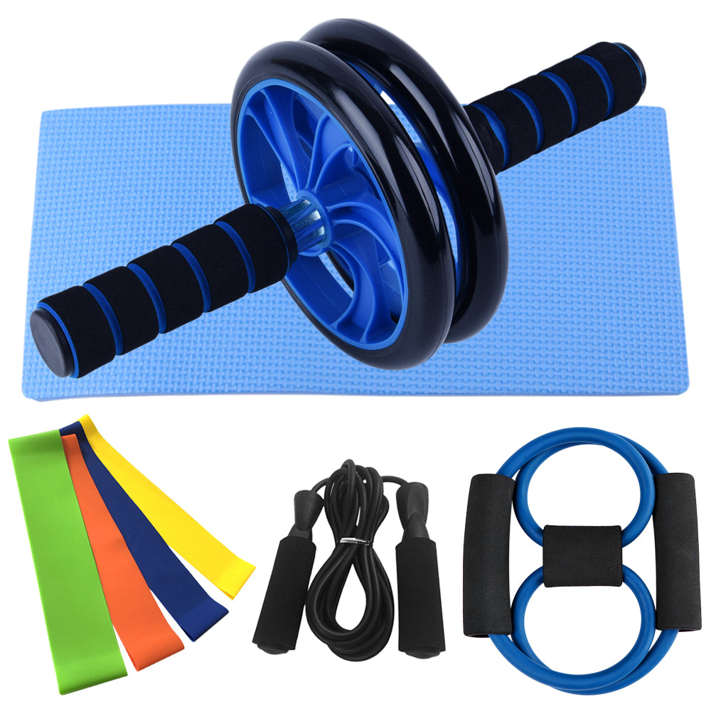 Ab wheel on blue mat with resistance bands, loop band, and spring handles