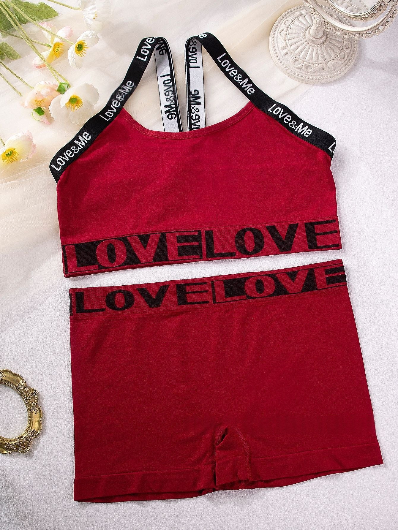 Camisole bra set in wine red with LOVE LOVE letter band and matching shorts