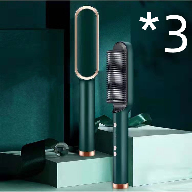2-in-1 hair straightener hot comb electric hair brush, green body with arched heating plate