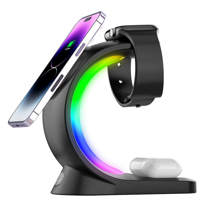 Magnetic wireless charger stand in black with RGB ring light and phone and watch cradles