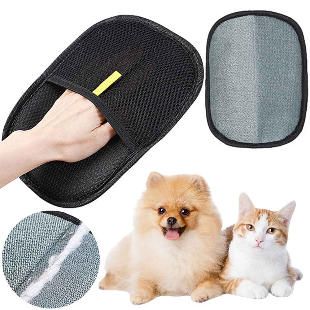 Black pet hair removal mitt with textured bristles, yellow tab, gray inner pad