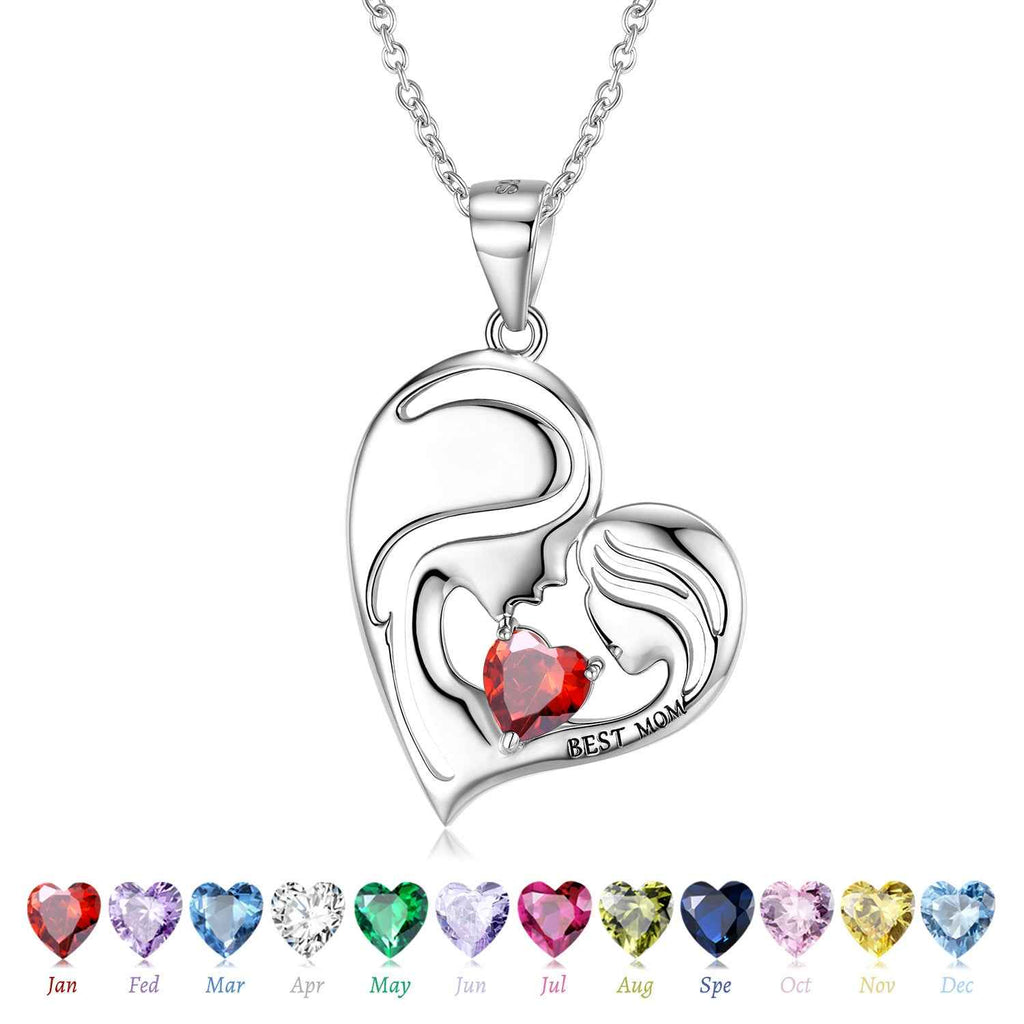 S925 sterling silver heart pendant necklace with red heart gemstone and Best Mom engraving