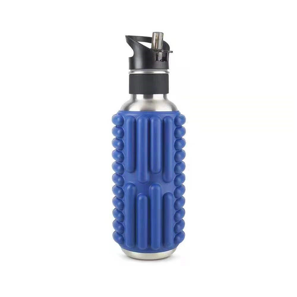 Blue massage sports water bottle with metallic lid and textured sleeve