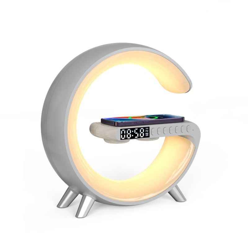 U-shaped LED speaker lamp, gray body with warm yellow ring light