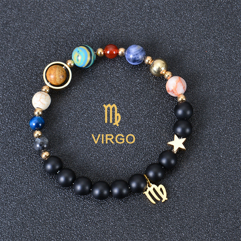 Virgo zodiac beaded bracelet with black matte beads, colorful stone beads, and gold zodiac charm