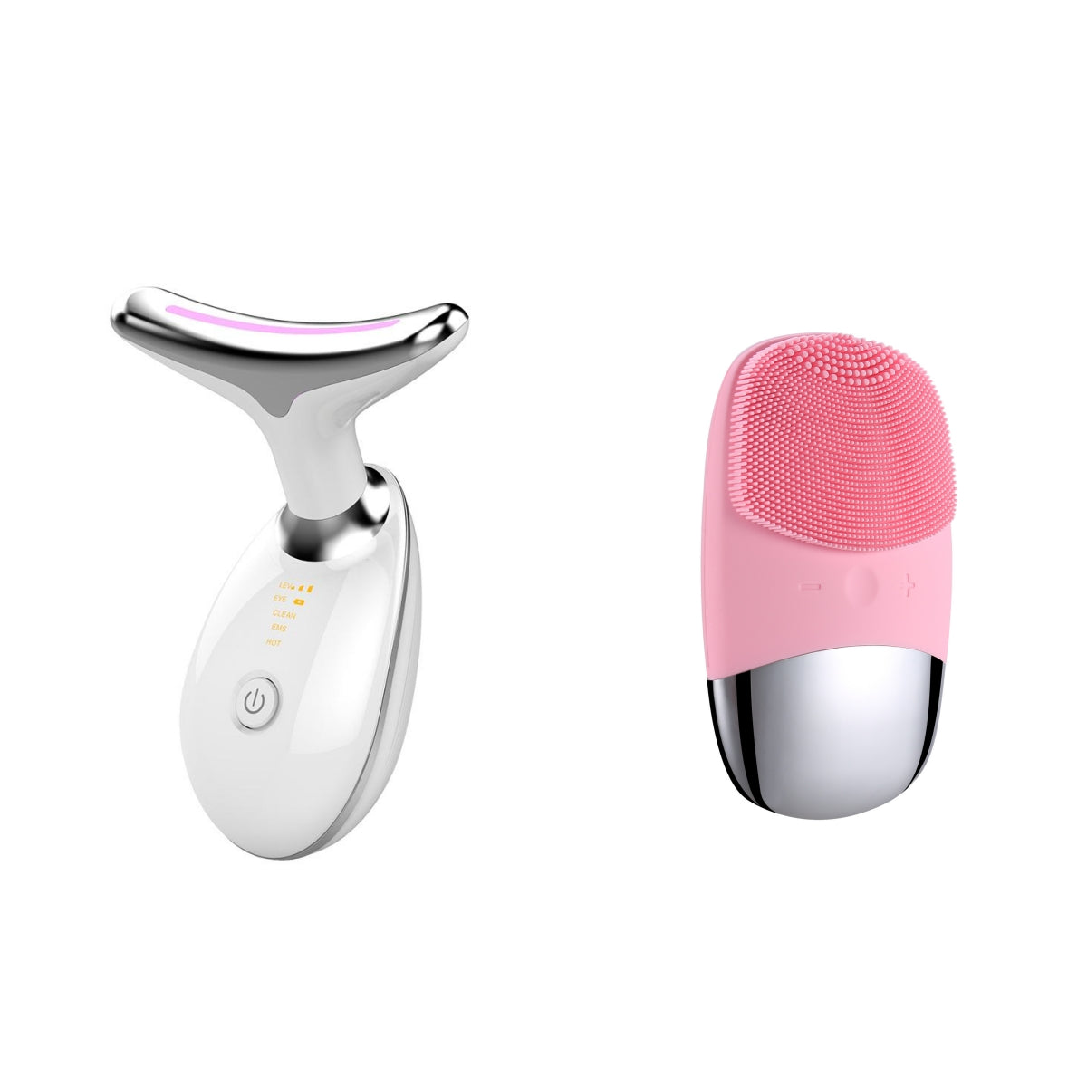 White electric neck massager and pink silicone cleansing brush
