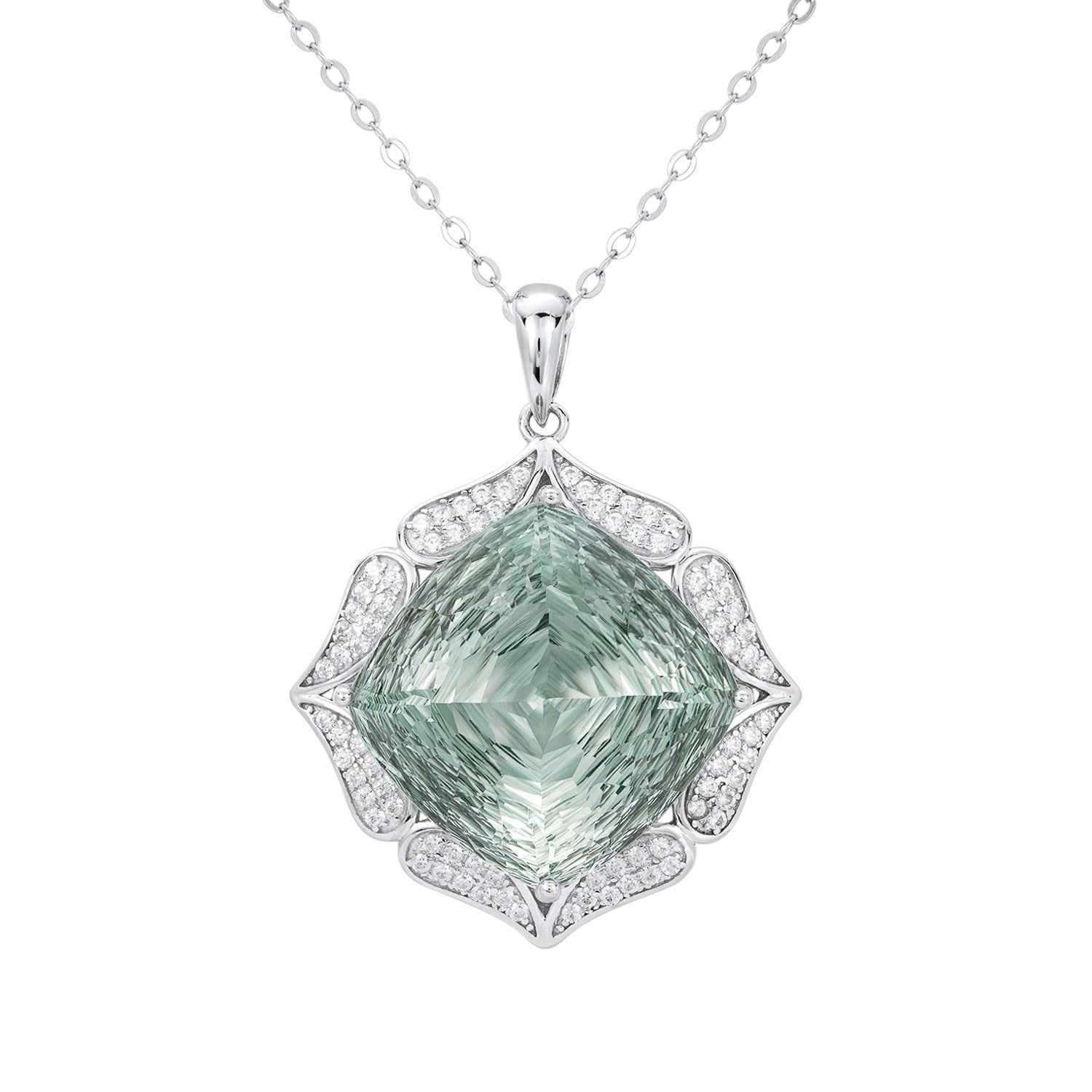 Green crystal pendant necklace with silver-toned halo and faceted teardrop center stone