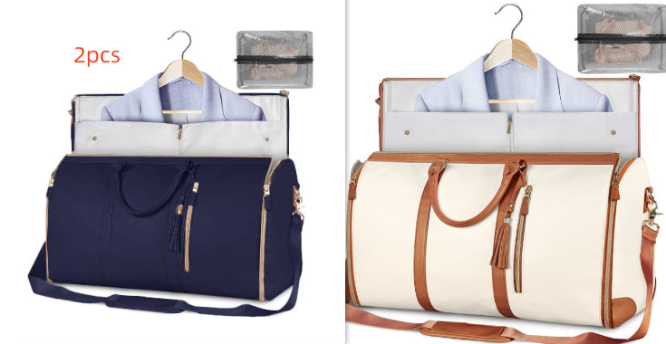 Navy travel duffle bag with hanging garment organizer and zip pockets, shoulder strap