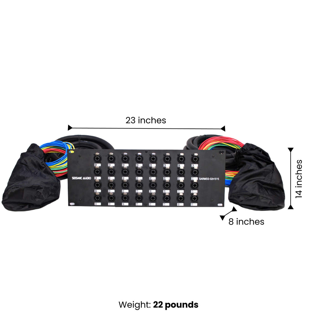 Rack-mount XLR/TRS splitter snake cable with 16 combo jacks and trunk bundles