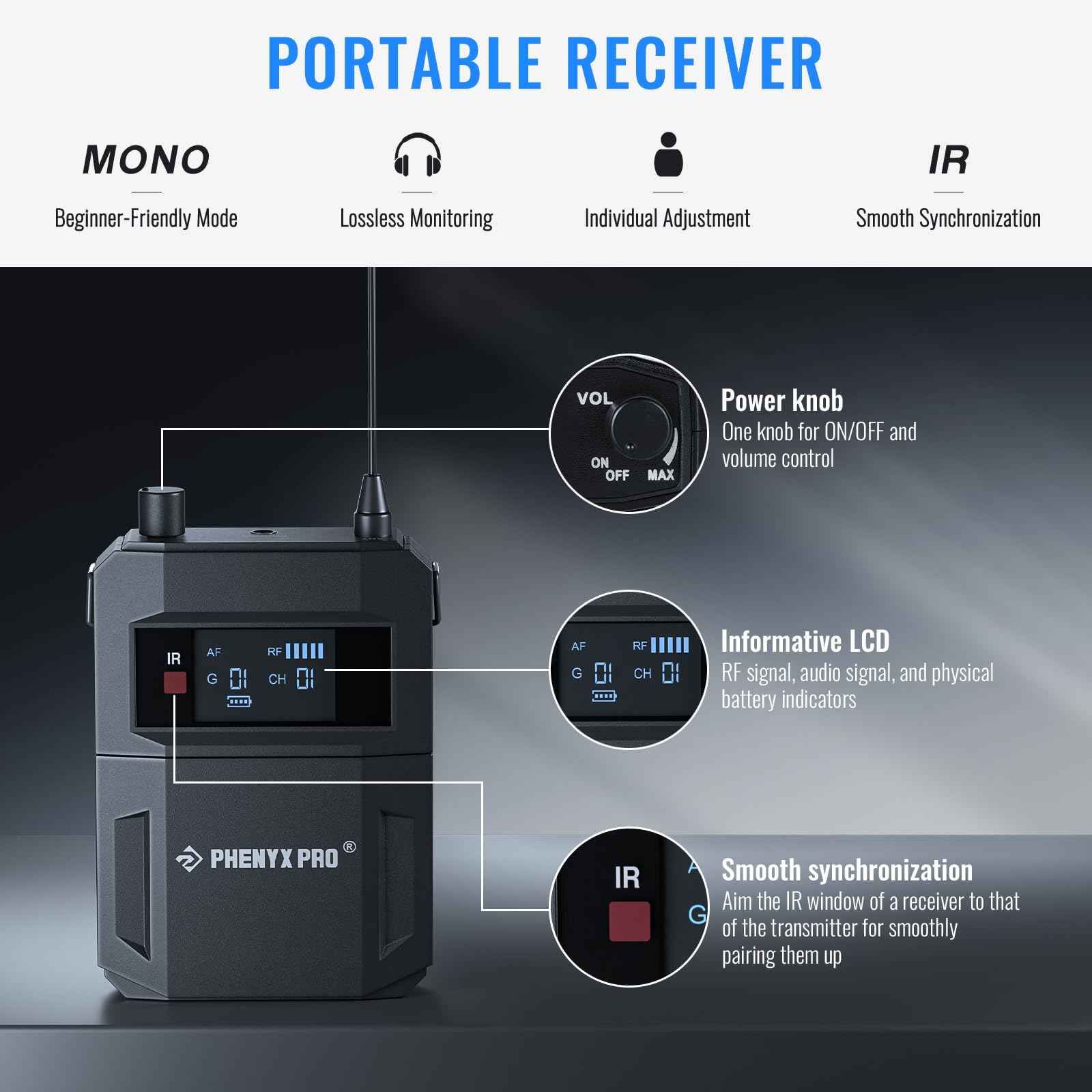 Phenyx Pro portable receiver with LCD screen, volume power knob, and IR window