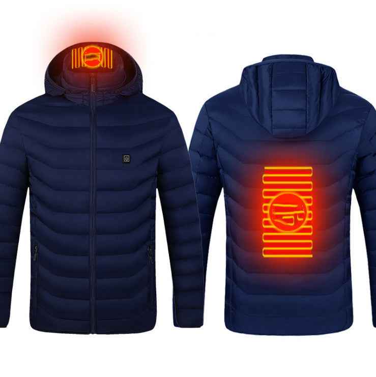 Dark blue heated puffer jacket with front and back glowing heater bars