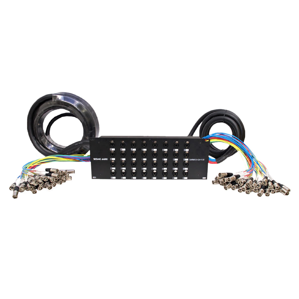 16-channel XLR/TRS combo splitter with rack panel, curled cable trunks, and plugs