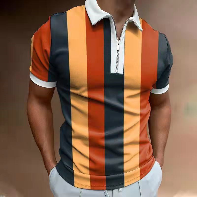 Men’s polo shirt with orange and navy vertical stripes; short sleeves, white collar, zip neck.