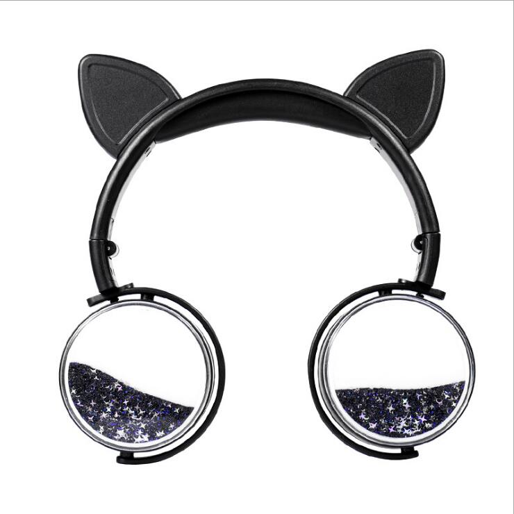 Black cat-ear headphones with clear glitter ear cups and cushioned headband