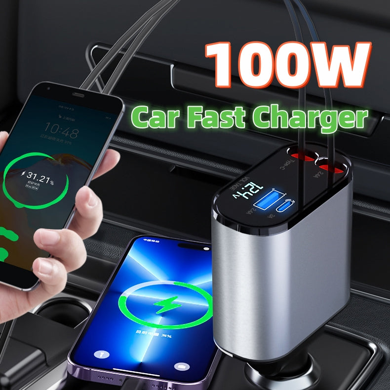 Metal car charger with USB and Type-C ports, silver-and-black, for car lighter
