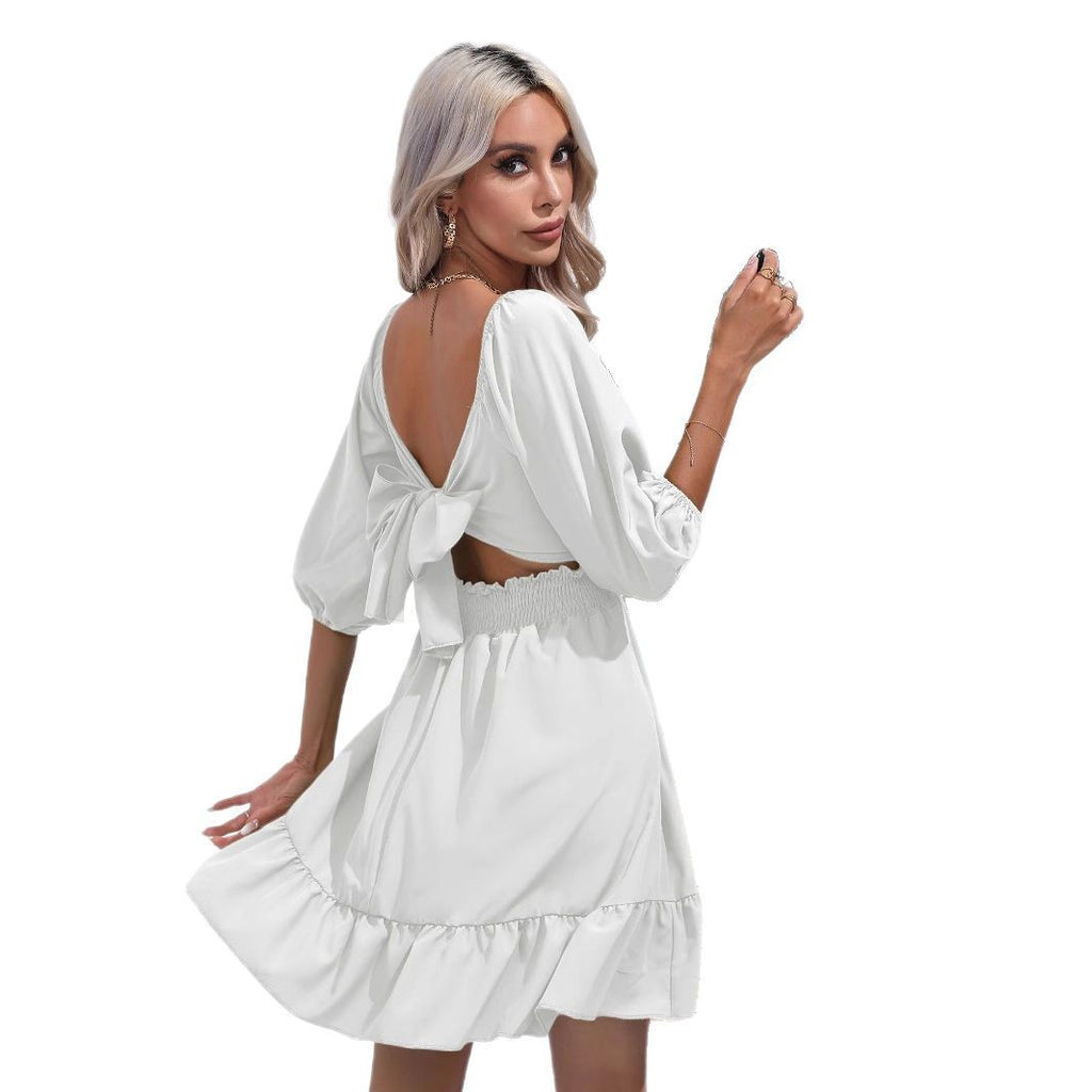 Ruffle-trimmed square-neck dress, white, open-back tie, tiered ruffle hem