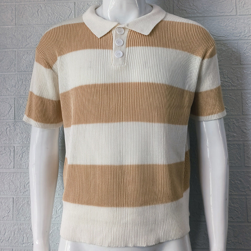 Men's short-sleeve striped polo knit sweater in tan and cream with ribbed collar
