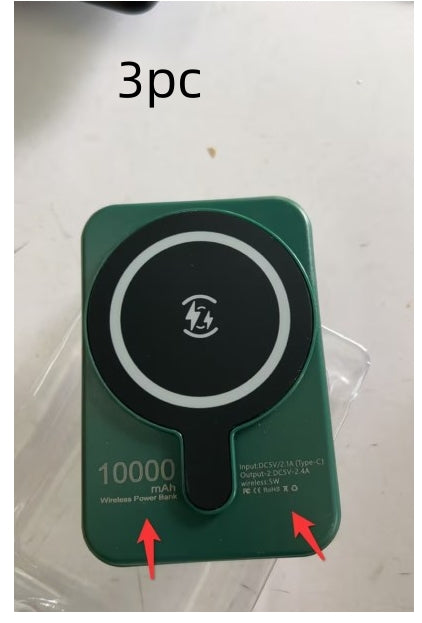 Set of three green mini magnetic wireless power banks with charging icon