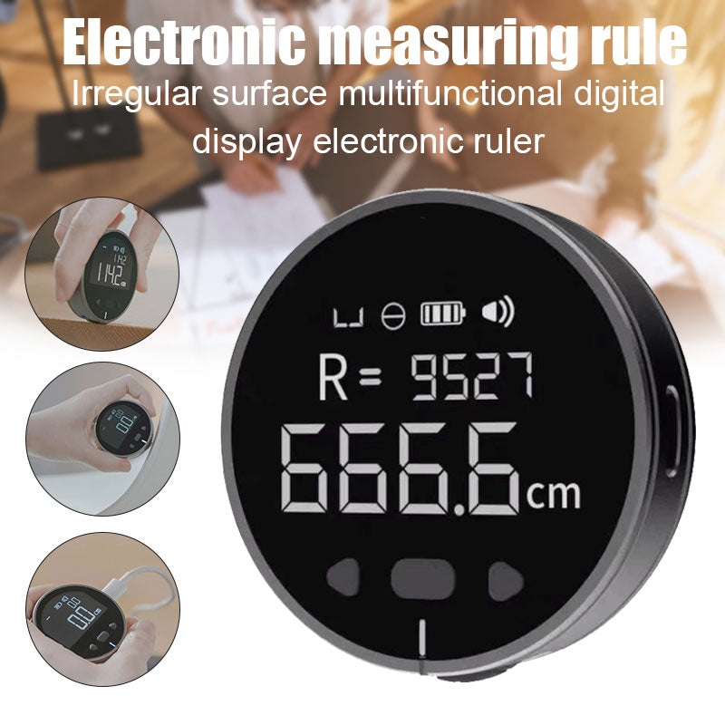 Electronic measuring ruler with round black body and clear LCD distance display