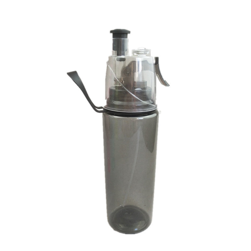 Spray water bottle with mist cup, transparent grey body and black top