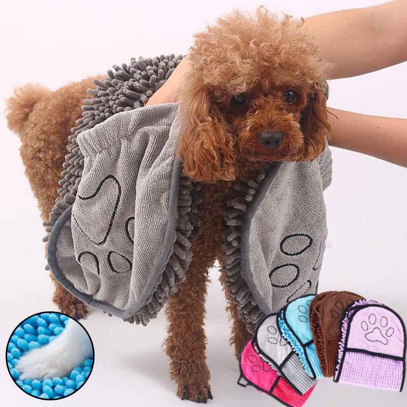 Gray microfiber pet bath towel with paw doodle pattern and looped shag texture
