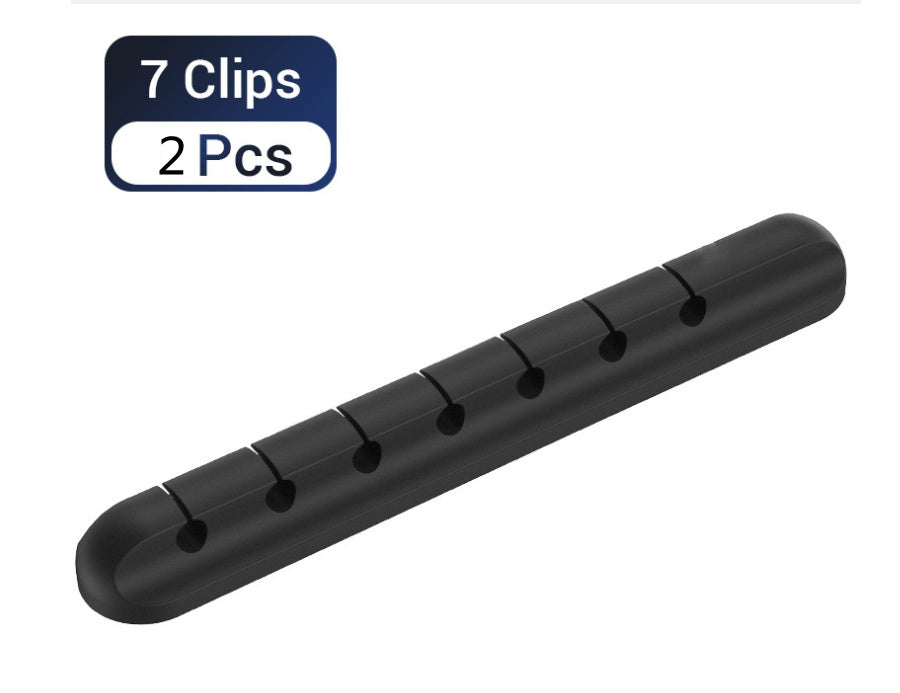 Silicone cable organizer strip with 7 clip slots, 2-piece set, black