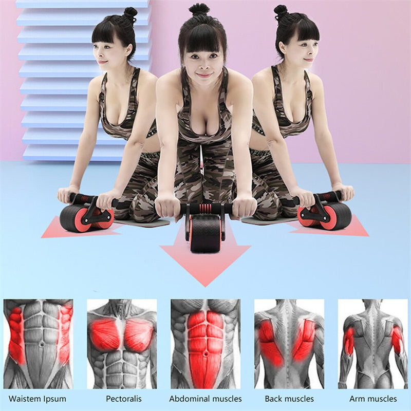AB roller workout: three women kneeling with red and black double-wheel rollers