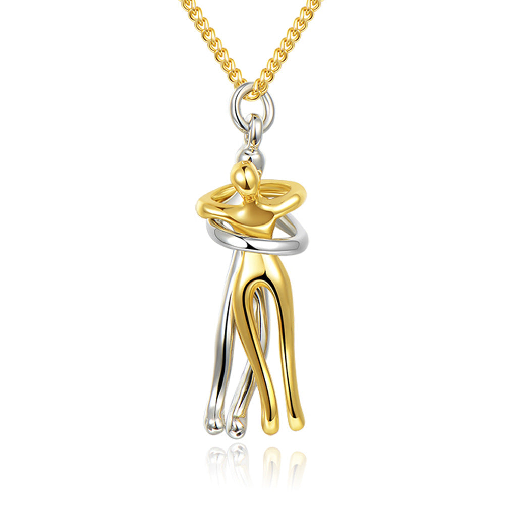 Love hug necklace with gold chain and two-tone hugging couple pendant