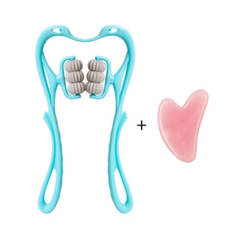 Light blue neck massager roller with 6 rolling discs and includes a pink C-shaped pad