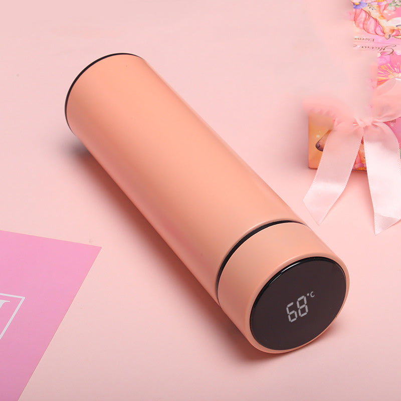 Light pink insulated stainless steel bottle with round temperature display