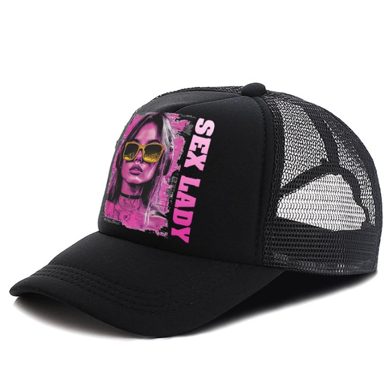 Black mesh baseball cap with front photo graphic panel and curved brim