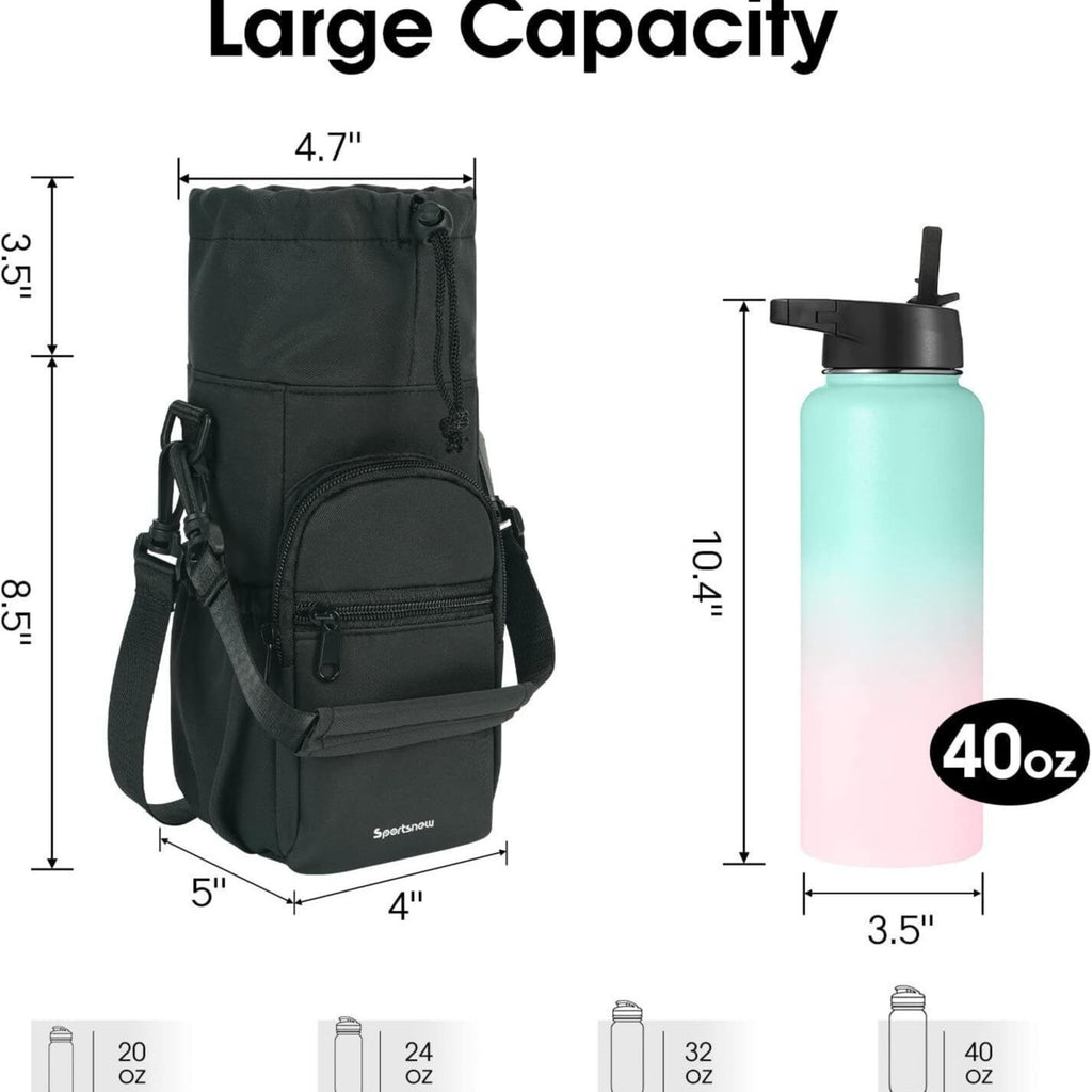 Black bottle pouch with crossbody strap and side pocket next to bottle size view