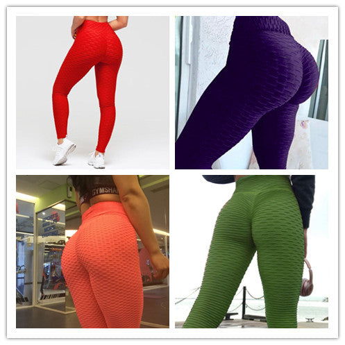 Scrunch leggings collage in red, purple, orange, and green, full length.