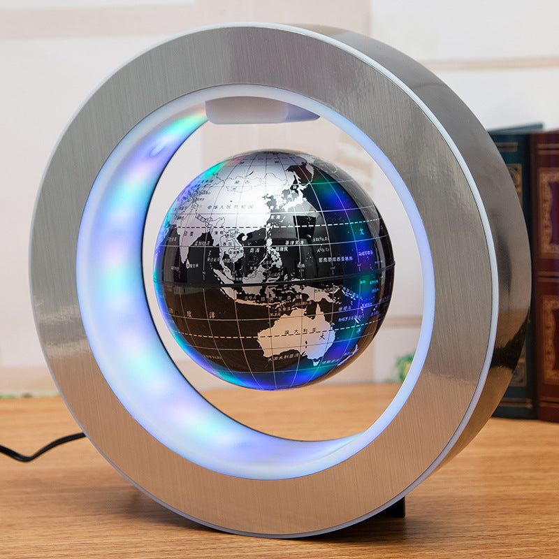 LED floating world map globe on circular base with multicolor glowing ring light