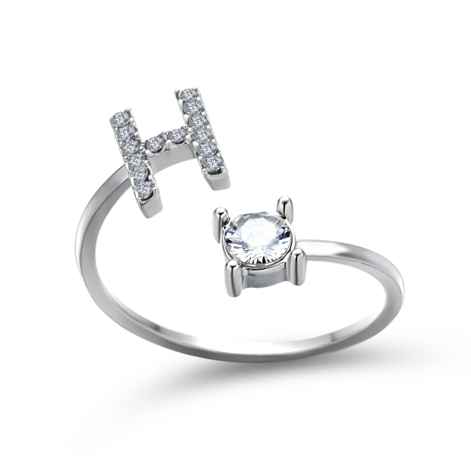 Adjustable initial letter ring with crystal band and round center stone, silver-tone
