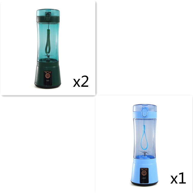Portable electric fruit juicer blender with teal/dark green and blue translucent cups, black base