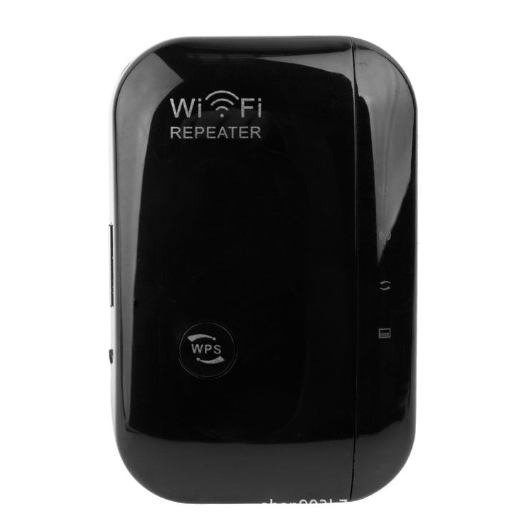 WiFi repeater plug-in extender, glossy black front with WiFi Repeater text and WPS area