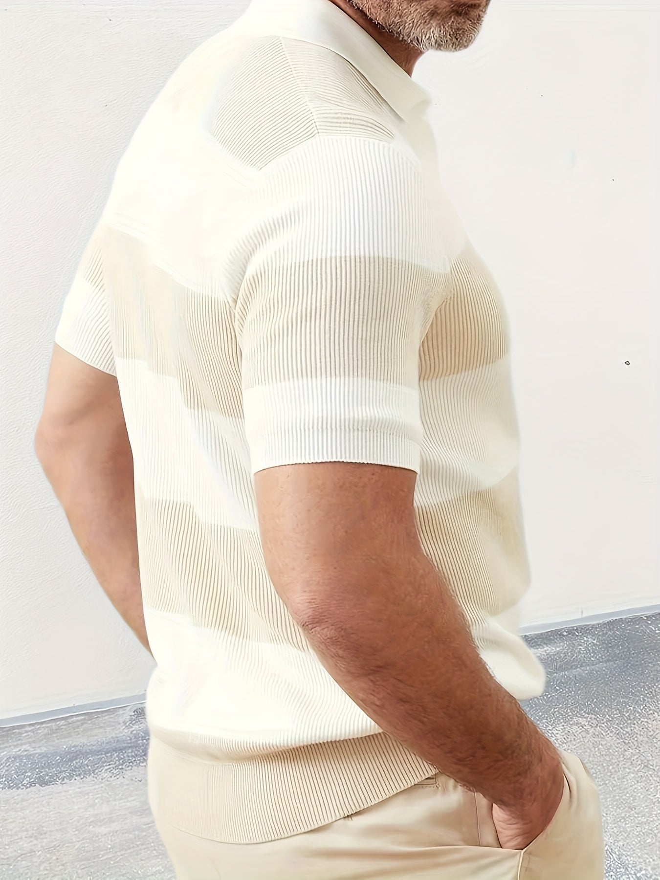 Men's short-sleeve knit polo with wide cream and light-beige horizontal stripes
