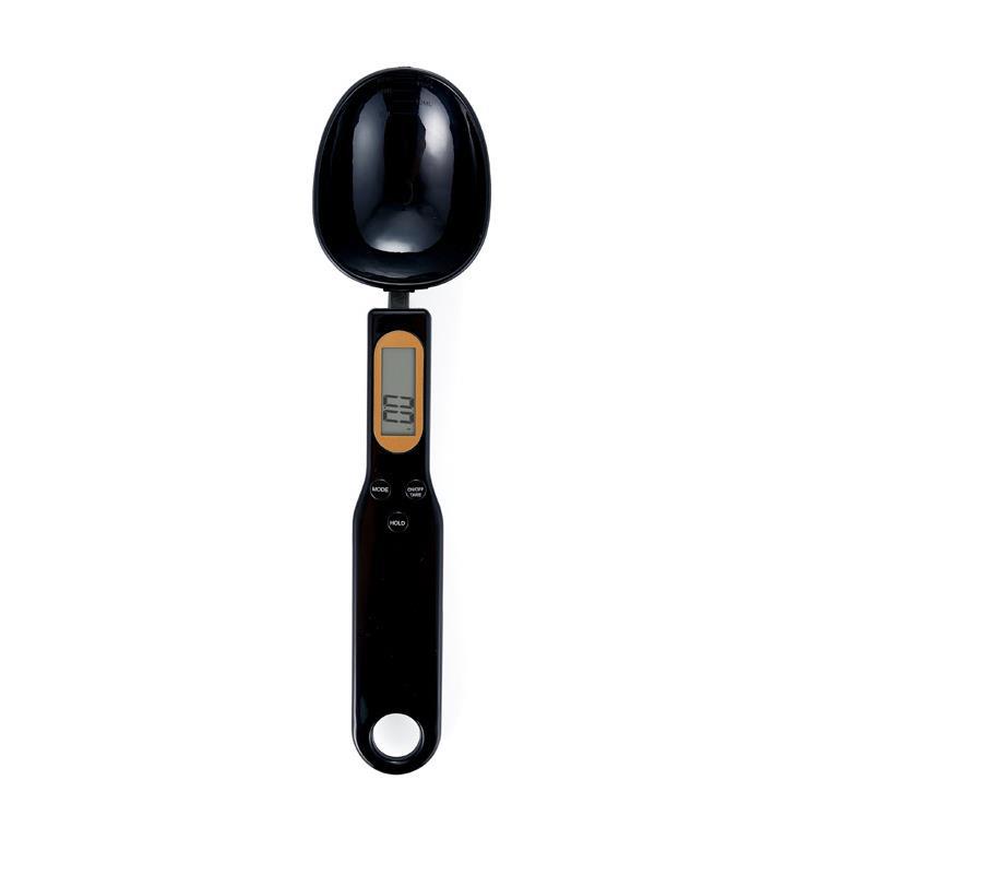 Black measuring spoon scale with round spoon bowl and LCD display.