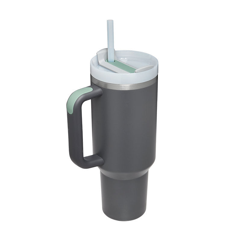 Charcoal insulated tumbler with side handle, straw, and snap-on lid