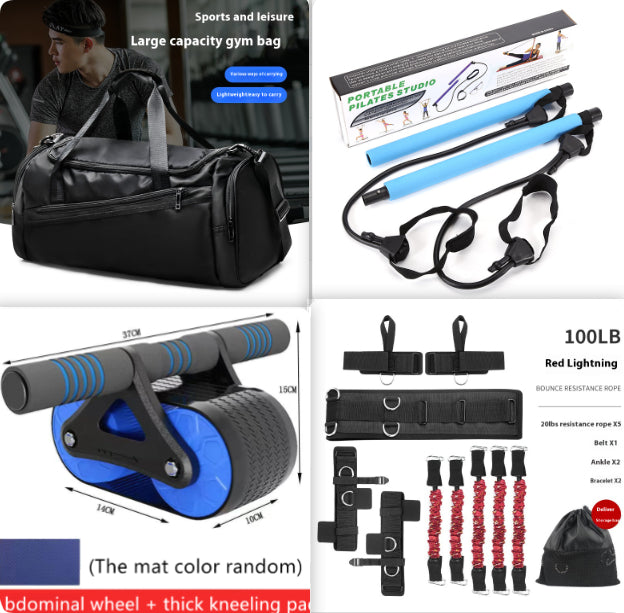 Blue ab roller set with thick kneeling pad, resistance straps, and gym bag