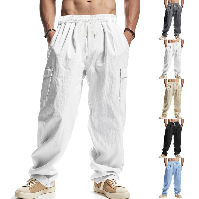 White linen cargo pants with elastic drawstring waist and side leg pockets