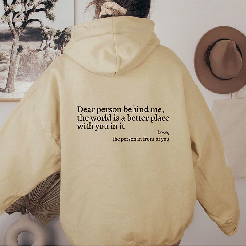 Cream plush letter-print kangaroo-pocket hoodie, back view with hood and kangaroo pocket