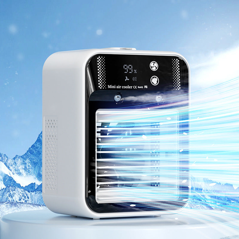 Portable mini air cooler with front grille and digital display icons, white body