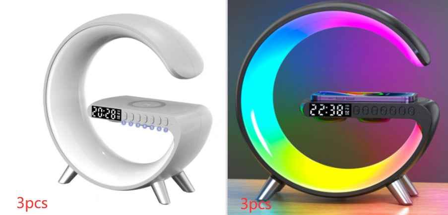 U-shaped LED speaker lamp, white body with digital display and indicator lights