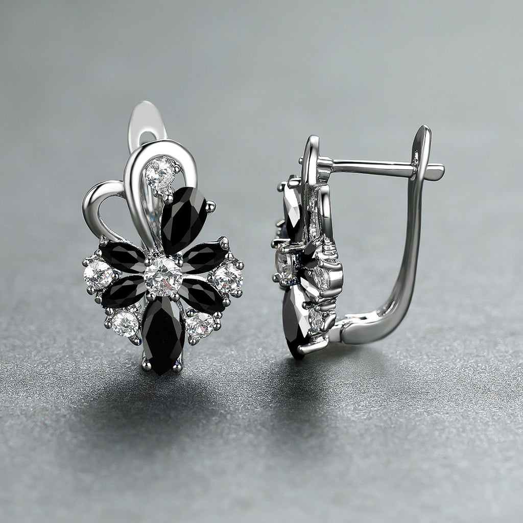 Flower drop-shaped zircon earrings with black and clear stones in silver-tone settings