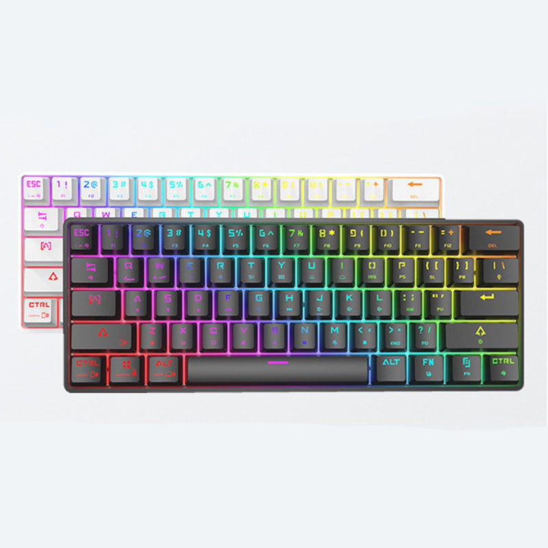 Mechanical keyboard with RGB backlit white keycaps and black case, colorful accents.
