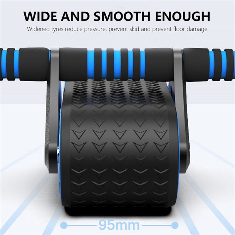 Textured double-wheel roller with blue side rings on AB exerciser