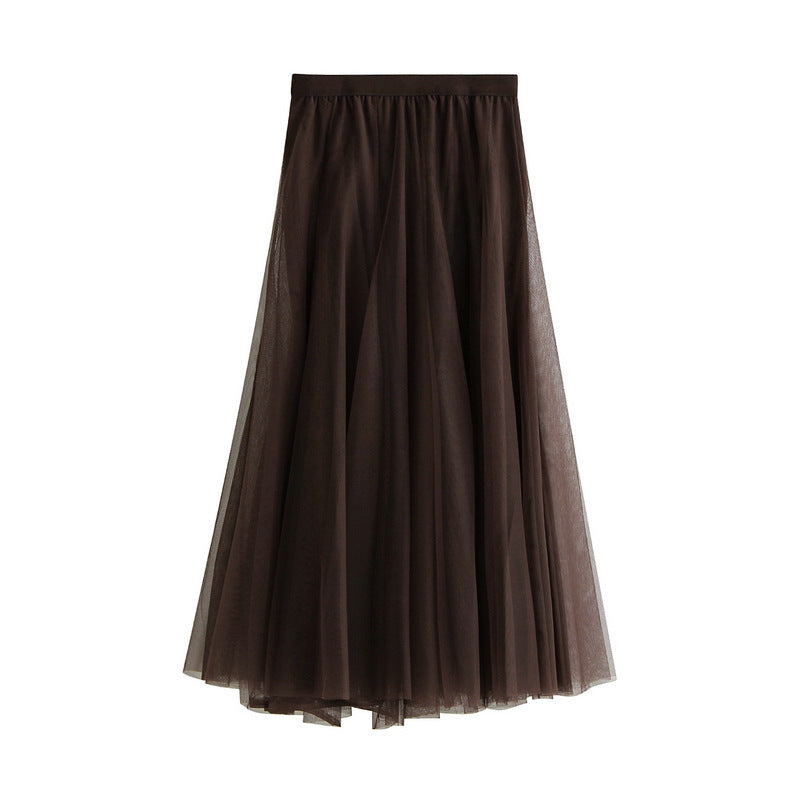 High-waist tulle pleated mid-length skirt, dark brown