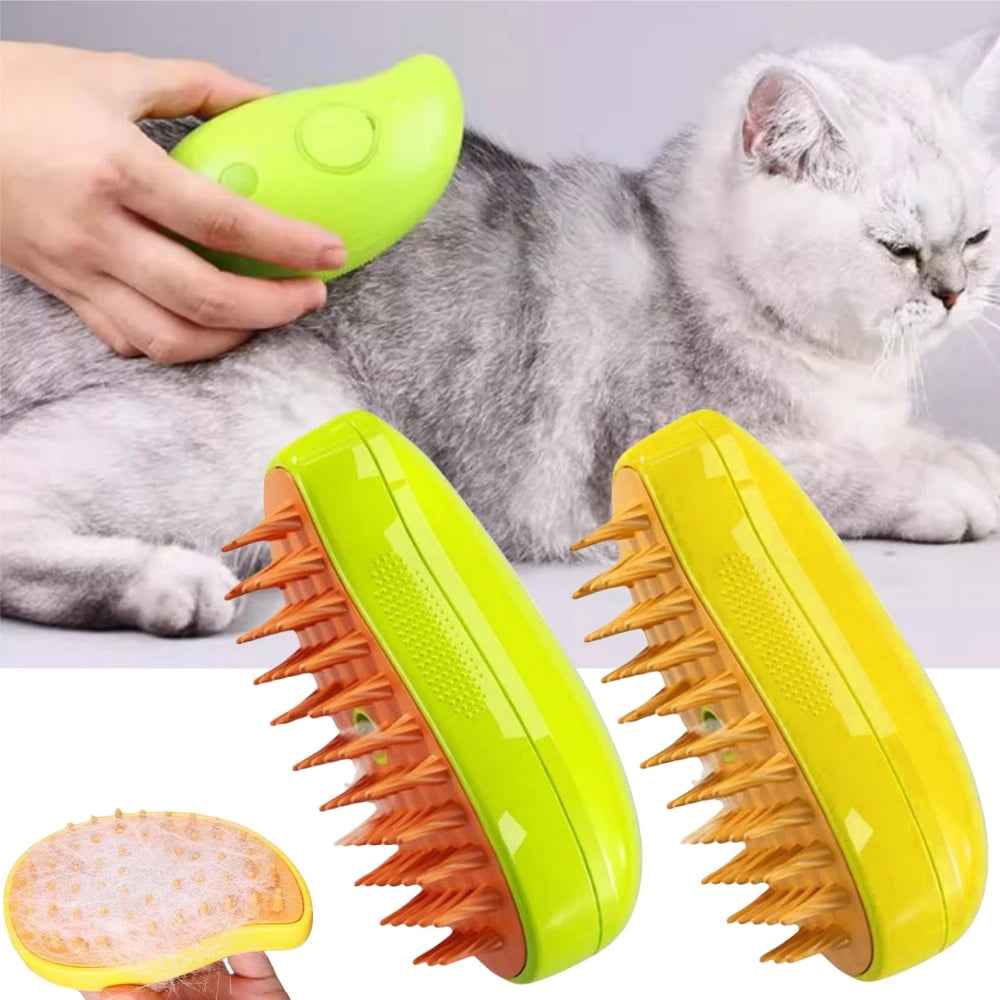 Pet steam grooming brush, green, with hand brushing a gray cat on a mat.